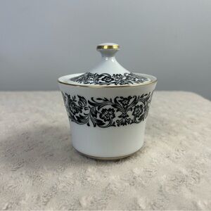 Style House Fine China Avalon Sugar Bowl Black White Floral Gold Vintage MCM
